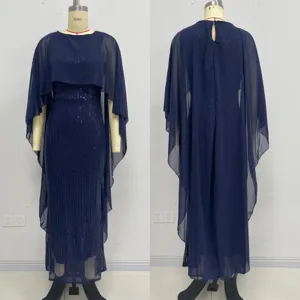 Elegant dark blue sequin maxi dress featuring a matching chiffon cape and sleeveless cut.
