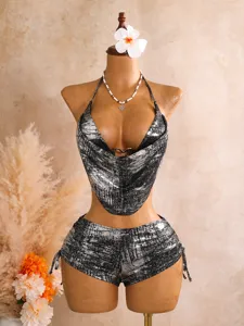 Metallischer Cowl-Neck-Zweiteiler-Bikini sexy Urlaub Strand Badebekleidung für Damen