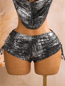 Sekkendes metallic Foil Zweiteiler Bikini-Set mit stylischem Wasserfallausschnitt und Shorts