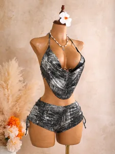 Metallischer Metallic Bikini Zweiteiler, eleganter Urlaubs Badeanzug fuer Frauen.