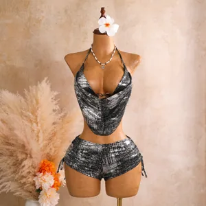 Atemberaubender metallischer Halter Bikini Set, sexy Cowl Neck zweiteiliger Badeanzug.