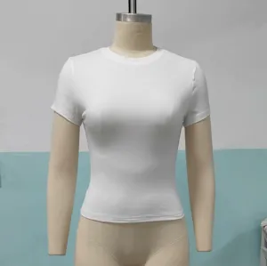 Women solid color short sleeve basic slim fit crew neck t-shirt summer casual crop top