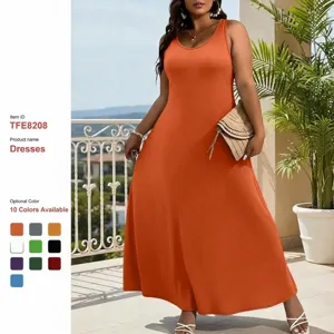 Plus Size Women Solid Color Sleeveless U-Neck Loose Casual Long Maxi Dress Elegant Summer Beach Party Dress