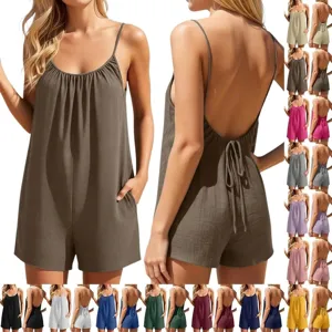 Romper Casual de Verano para Mujer Cuello en V Sin Manches Espalda Descubierta Cordón Bolsillos Color Sólido Jumpsuit de Vacaciones en la Playa