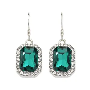 Eleganti orecchini pendenti rettangolo cristallo verde gioielli di lusso in argento.