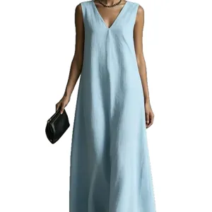 Women Summer Casual V-Neck Sleeveless Solid Color Maxi Dress Elegant Long Party Dress