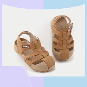 Sandalias de Piel de Vaca de Punta Cerrada para Bebé Zapatos Romanos Calados para Niños Niñas Suela Blanda Antideslizante Velcro Zapatos de Aprendizaje Verano