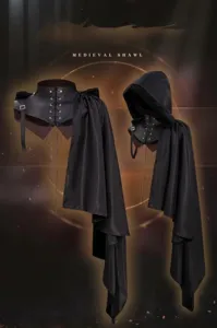 Detailed view of medieval black leather collar with hooded cloak, gothic cosplay prop.