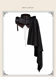 Medieval gothic black PU leather corset cape Halloween cosplay costume with asymmetrical cloak.