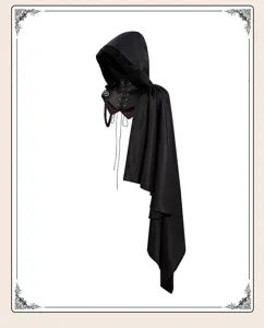 Medieval black hooded cloak detail, gothic cosplay cape for Halloween performance wear.