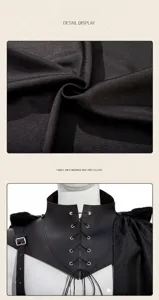 Medieval gothic cosplay costume detail shot showing black cape fabric and lace-up collar.