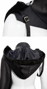 Medieval cosplay black hooded cape detail, faux fur trim, adjustable metal buckle styling.