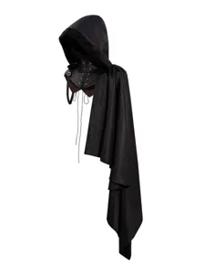 Black medieval hooded cloak costume with lace up collar for halloween cosplay party.