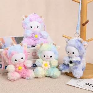 Colorful Tie-Dye Little Sheep Plush Toy Pendant Cute Stuffed Animal Doll With Flower And Metal Keychain For Kids Gift