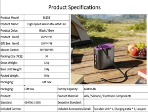 Detailed specification view of the high-speed portable waist fan with 6000mAh battery capacity.