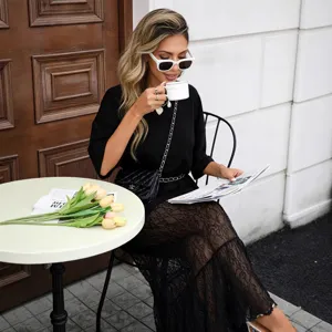 Summer women's short sleeve black lace splice midi dress casual chic stylish streetwear apparel