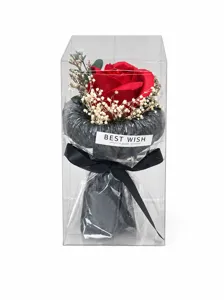 Mini soap flower bouquet in transparent gift box, perfect for holidays, weddings and home decor.