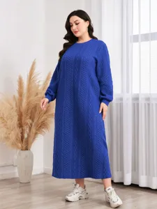 Große Größen Langarm Zopfstrick Pulloverkleid lässig Winter Königsblau Maxikleid Damen