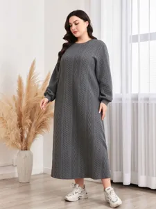 Übergröße langarm Zopfmuster Strickpullover Kleid Winter lässig grau Maxikleid Damen