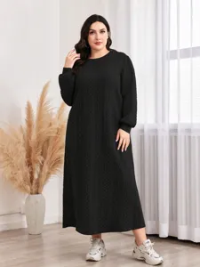 Große Größen Langarm Zopfmuster Strickkleid Damen, lässiges lockeres Herbst Winter Maxikleid.