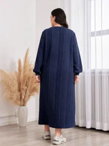 Blaues Damen Maxikleid Plus Size Grobstrick Langarm Lässig Lose Winter Pulloverkleid.