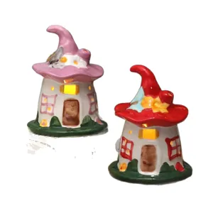 Ceramic fairy house night light, cute mushroom desktop decor lamp gifts for girls and kids.