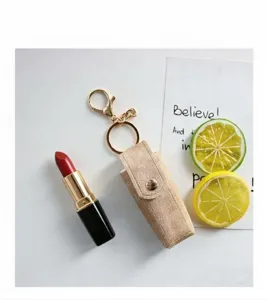 Mini custodia per rossetto in denim portachiavi, pocetica cosmetica portatile con anello in metallo.