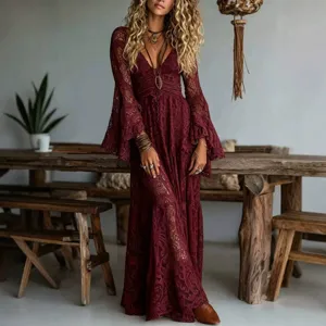 Burgundy lace long sleeve V-neck maxi dress for women elegant boho vacation long party dress