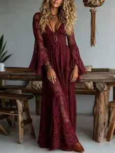 Bohemian lace long sleeve V-neck slim midi dress for women vacation resort wear style
