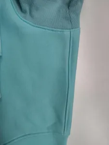 Close-up detail of women's fleece sweatshirt collar and seam texture, thick and warm fabric.