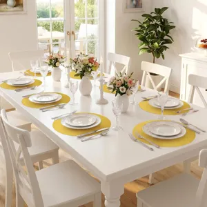 Runde gelbe Jute Tischset Dekoration, gewebte Textur Esszimmer Tischmatte Detailansicht.