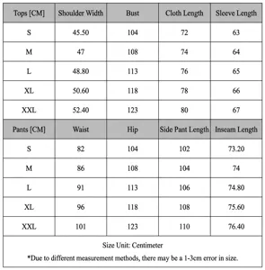 Men's suit size chart with detailed measurements for jacket and trousers across sizes S to XXL.