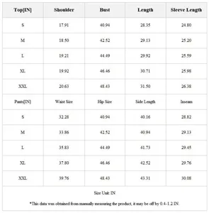 Men suit size chart guide, casual business two-piece suit size table S-XXL specs.