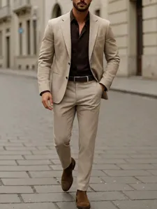 Men's Business Top And Bottom Blazer And Pants Professional Formal Suit Single Breasted Button Jacket Straight Trousers For Banquet Wedding Khaki Black