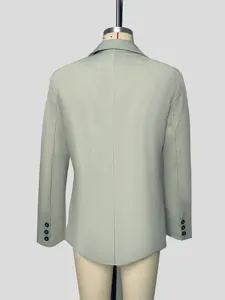 Back view detail of sage green men's casual blazer showing collar and cuff button accents.
