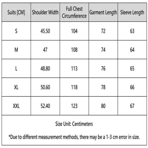 Detailed size chart for men's casual suit jacket, showing shoulder, chest, length and sleeve.