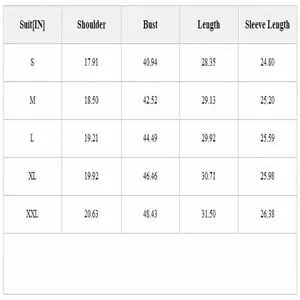 Men's casual business suit size chart detail image showing precise measurements in inches.