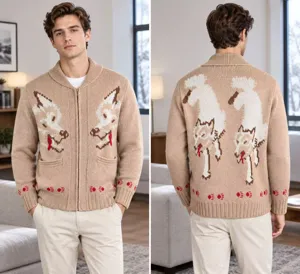 Cardigan in maglia jacquard con zip da uomo, stile accogliente, collo sciallato, comodo.