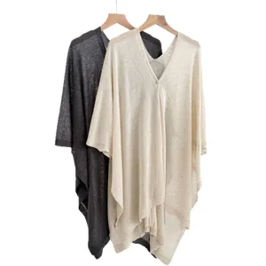 Cardigan poncho abierto de mezcla de lino para mujer, prenda exterior holgada de verano.