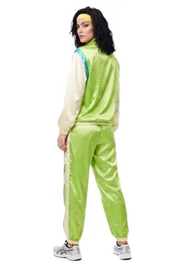 Jaren 80 retro neon groene satijnen trainingspak set voor dames, ideaal voor Halloween feestjes.