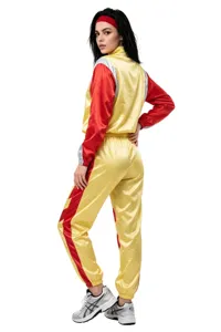 Retro jaren 80 disco trainingspak voor dames, kleurrijk geel en rood blokdesign voor feest.