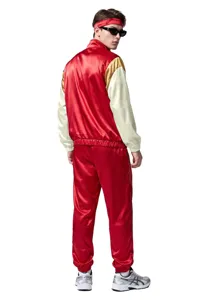 Retro jaren 80 disco hiphop feest trainingspak kostuum in rood, wit en goudkleurig satin.