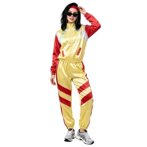 Retro 80s sater trainingspak kostuum dames, geel rood disco feest outfit hoofdafbeelding.