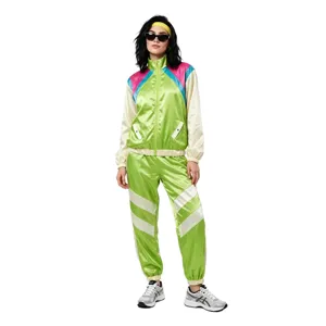 Retro 80s disco trainingspak voor dames, kleurrijke satijnen jas en broek voor feestje.