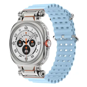 Breathable silicone watch band with stainless steel connectors for smart watch in light blue.