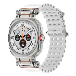 Silicone watch strap with stainless steel connector, breathable perforated design, white color.