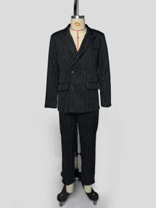 Classic men's pinstripe double-breasted suit set featuring jacket and matching trousers.