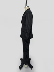 Men's classic black pinstripe suit jacket and matching trousers set side view detail