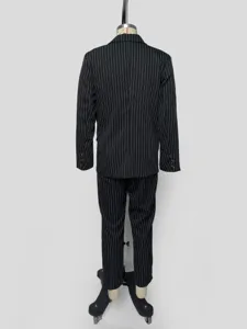 Men's pinstripe suit set back view, black business blazer and trousers for formal events.
