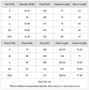 Detailed size chart for men's suit and trousers set, check measurements for the best fit.